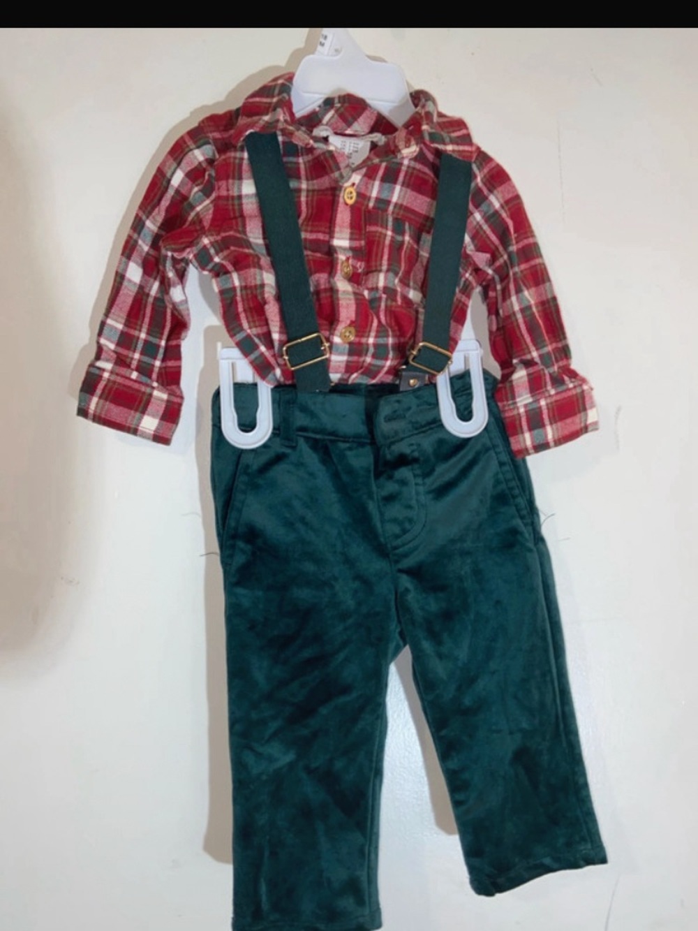 Baby boy Christmas outfit. Dark Green Velvet Suspender Overalls